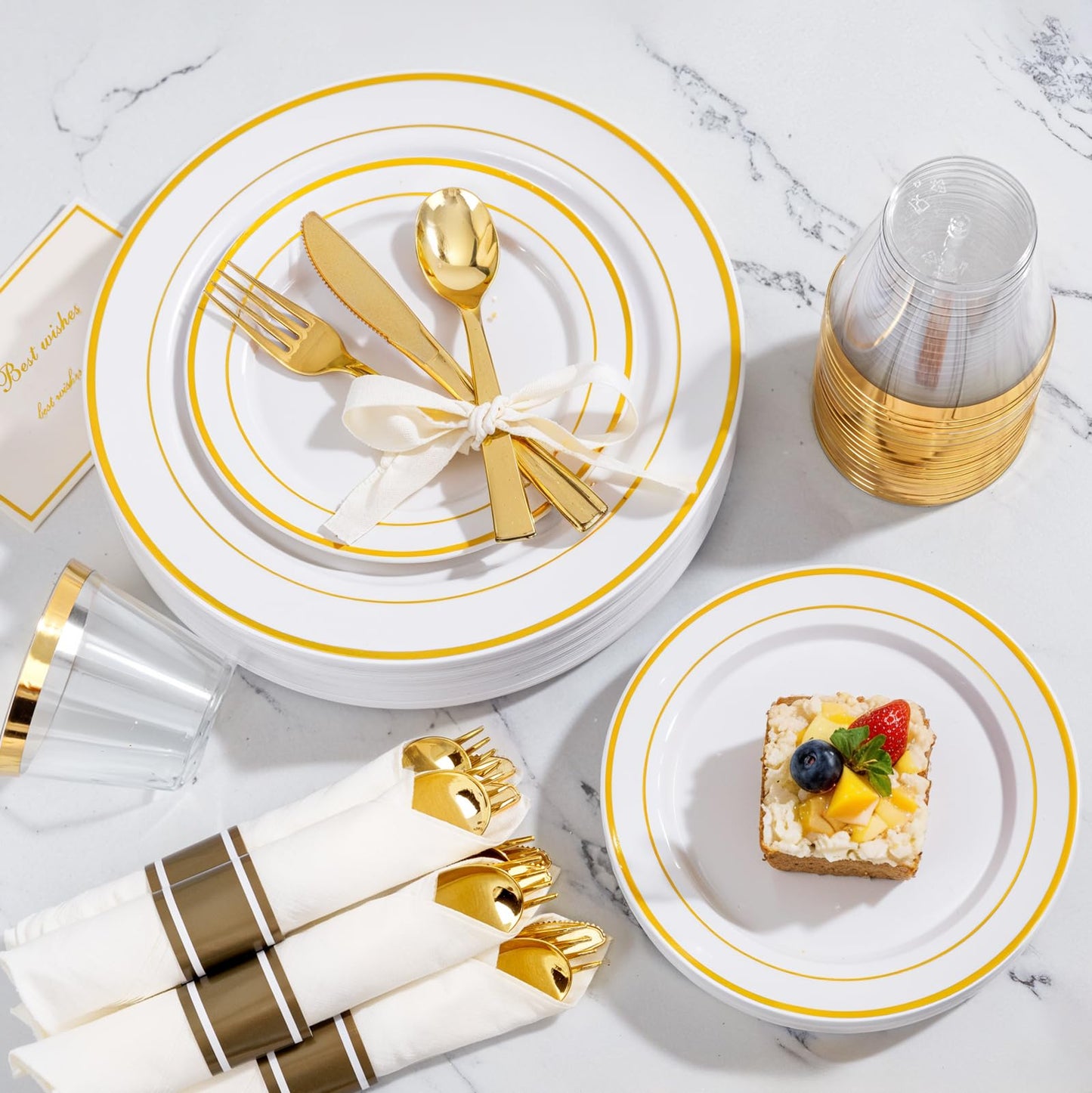 WELLIFE 350Pcs Gold Plastic Plates for 50 Guests - Plastic Dinnerware Set, Includes 100 Party Plates,150 Gold Silverware Disposable,50 Napkins,50