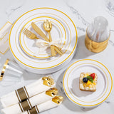 WELLIFE 350Pcs Gold Plastic Plates for 50 Guests - Plastic Dinnerware Set, Includes 100 Party Plates,150 Gold Silverware Disposable,50 Napkins,50