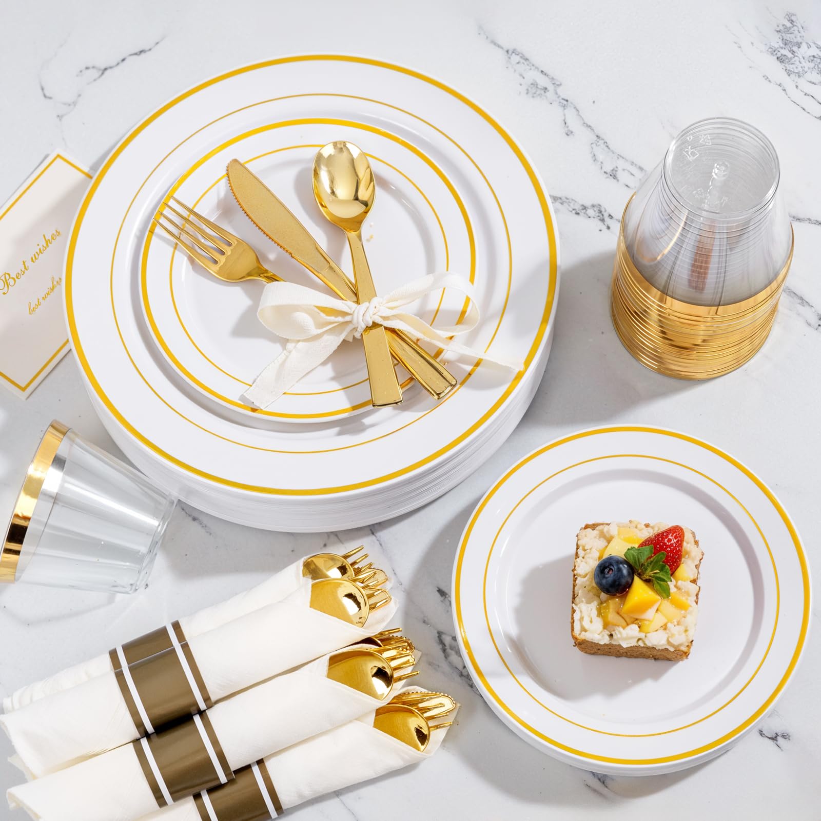 WELLIFE 350Pcs Gold Plastic Plates for 50 Guests - Plastic Dinnerware Set, Includes 100 Party Plates,150 Gold Silverware Disposable,50 Napkins,50