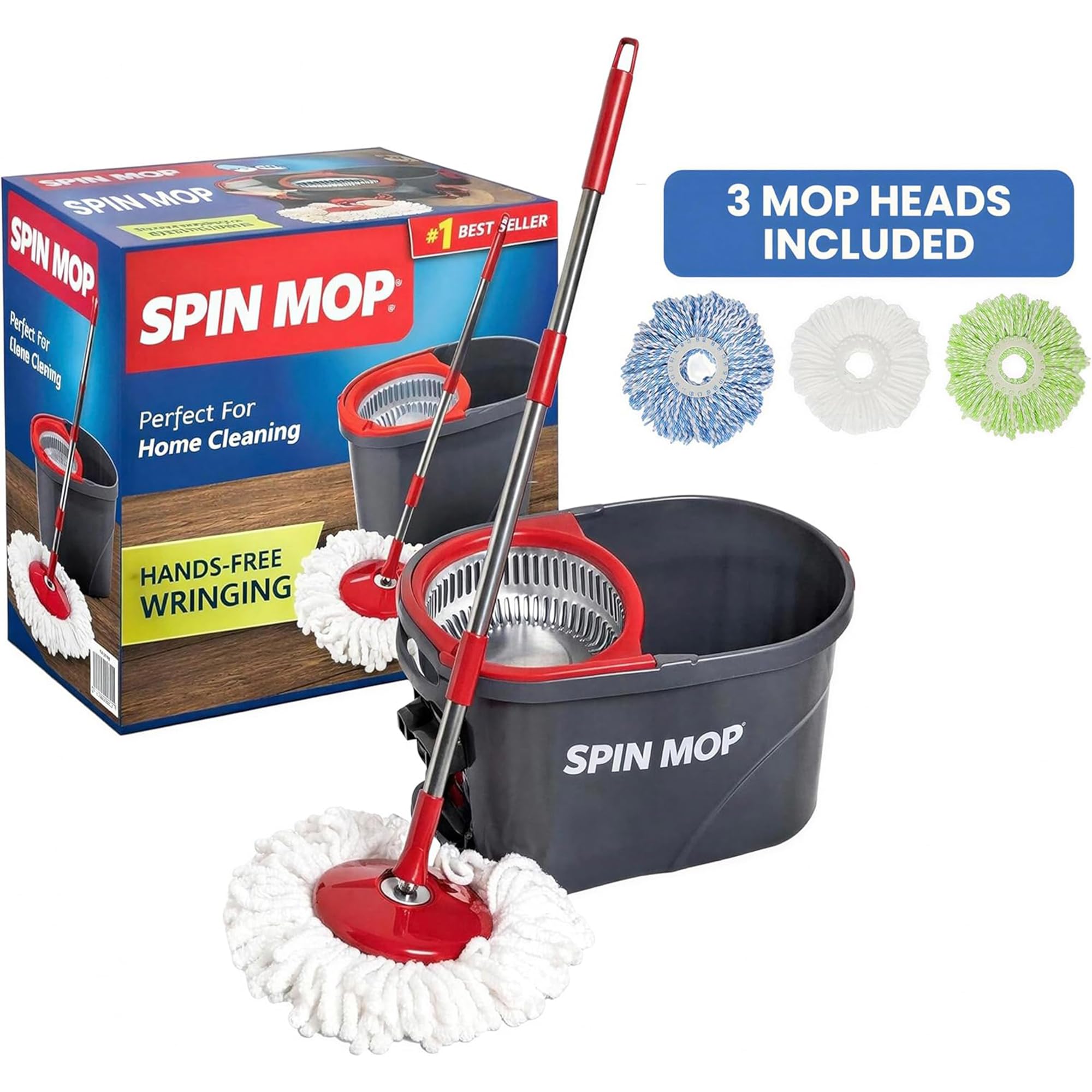Simpli-Magic 360° Spin Mop and Bucket with Wringer - 10,000 Spin Cycles - 3 High-Absorbent Microfiber Replacement Heads - Mop and Bucket Set for All