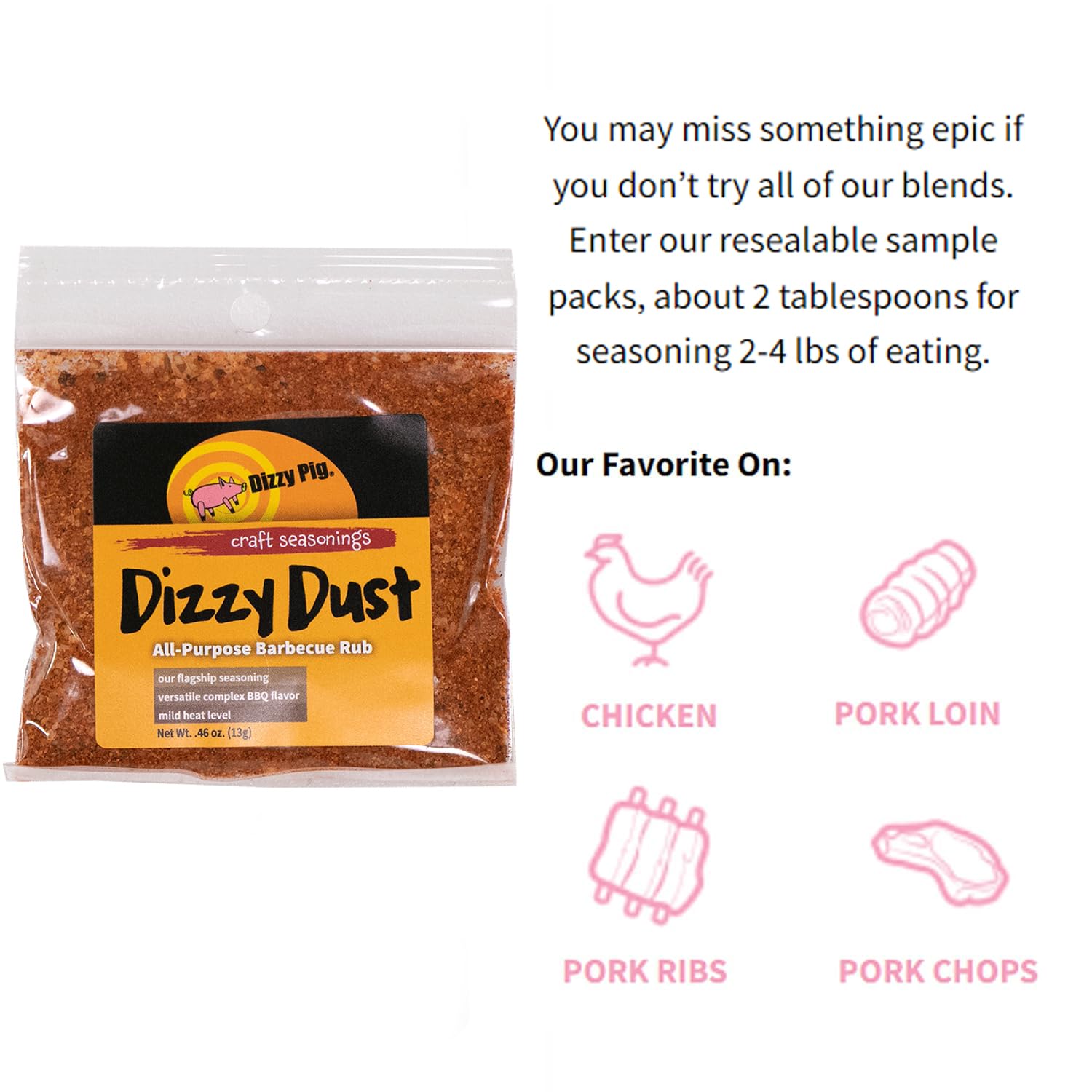 Dizzy Pig Dizzy Dust All-Purpose Barbecue Seasoning Rub (Sample) - Seasons 2-4 lbs of Food - Hand Made in the USA - MSG Free, Gluten Free