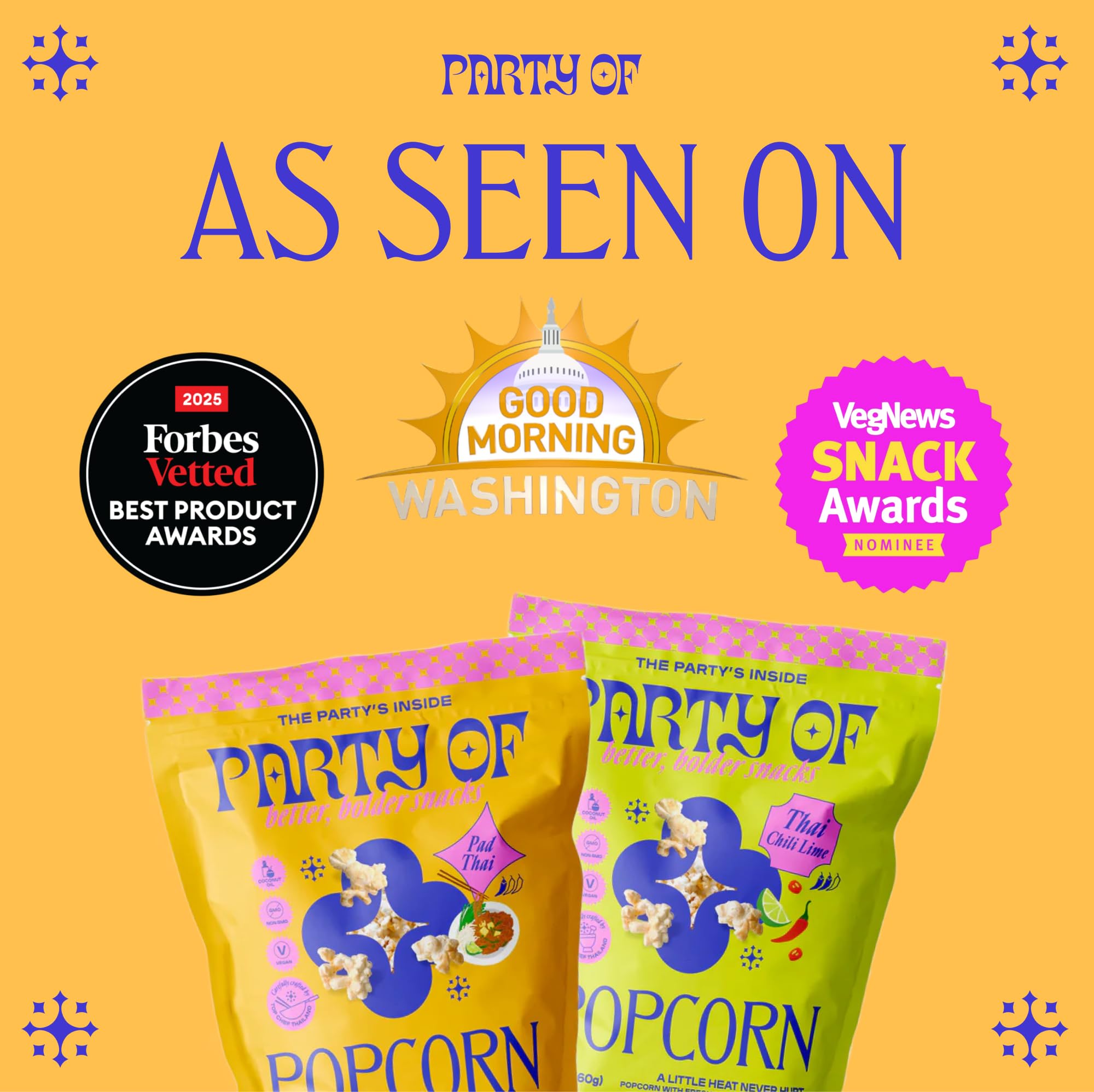Party of Pad Thai Popcorn - Flavored Gluten-Free Snack Made from Veggie Ingredients, Individually Wrapped, Salted Variety Bags for Sharing, Movie