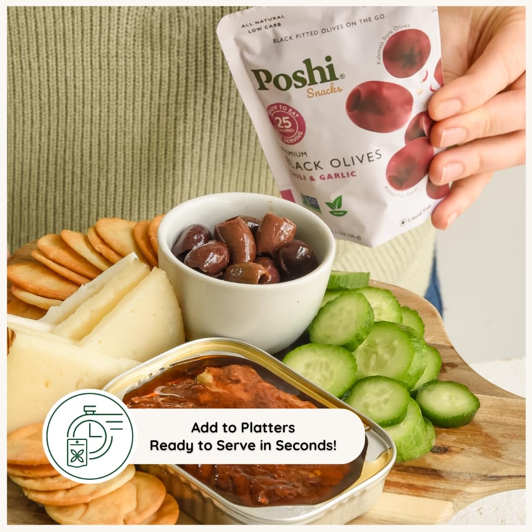 Poshi Natural Whole Pitted Olives | 24 Pack Variety | Basil & Garlic, Chili & Oregano, Chili + Garlic, Lemon & Rosemary | Vegan, Kosher, Gluten Free +