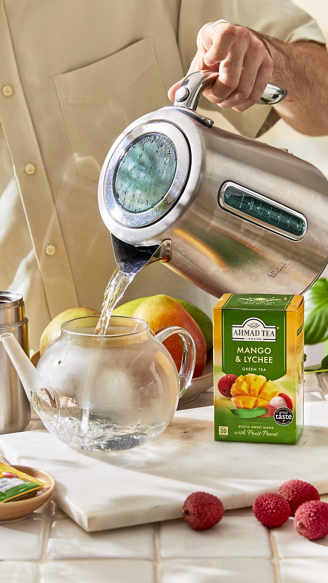 Ahmad Tea Green Tea, Mango & Lychee Teabags, 20 ct (Pack of 1) - Caffeinated & Sugar-Free