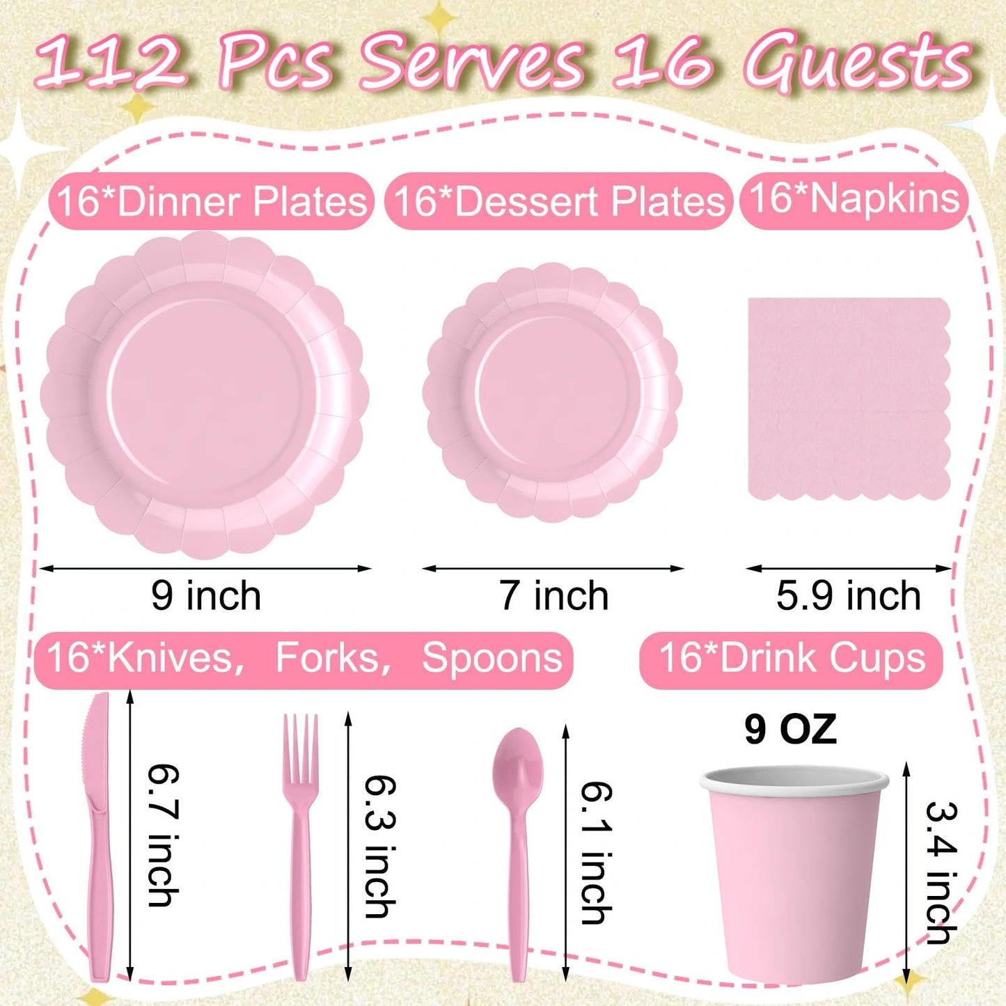 Zoonlinpp 112 PCS Pink Disposable Paper Plates Set Party Supplies Include 7'' Dessert and 9'' Dinner Plates, Napkins, Cups, Knives, Forks, Spoons