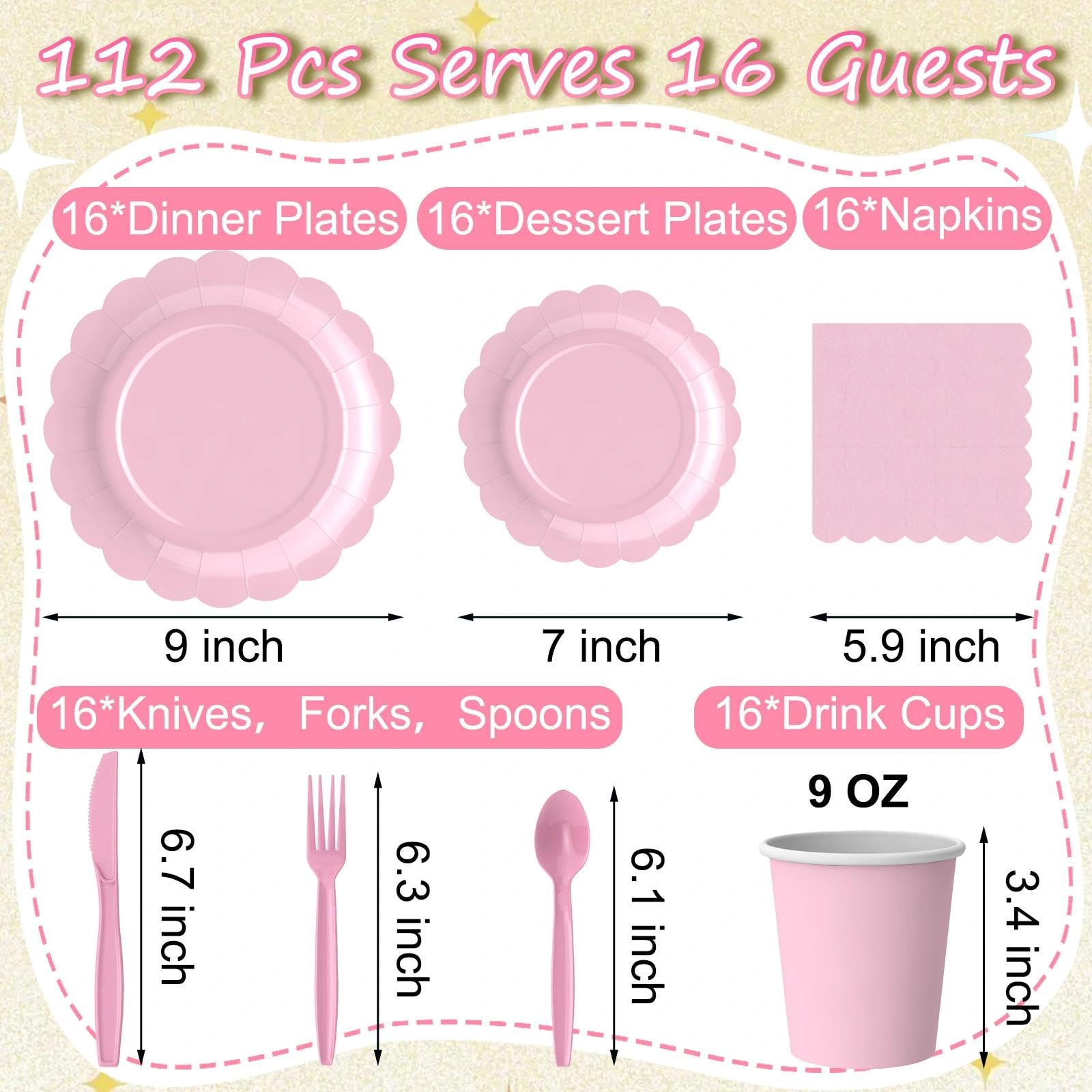 Zoonlinpp 112 PCS Pink Disposable Paper Plates Set Party Supplies Include 7'' Dessert and 9'' Dinner Plates, Napkins, Cups, Knives, Forks, Spoons