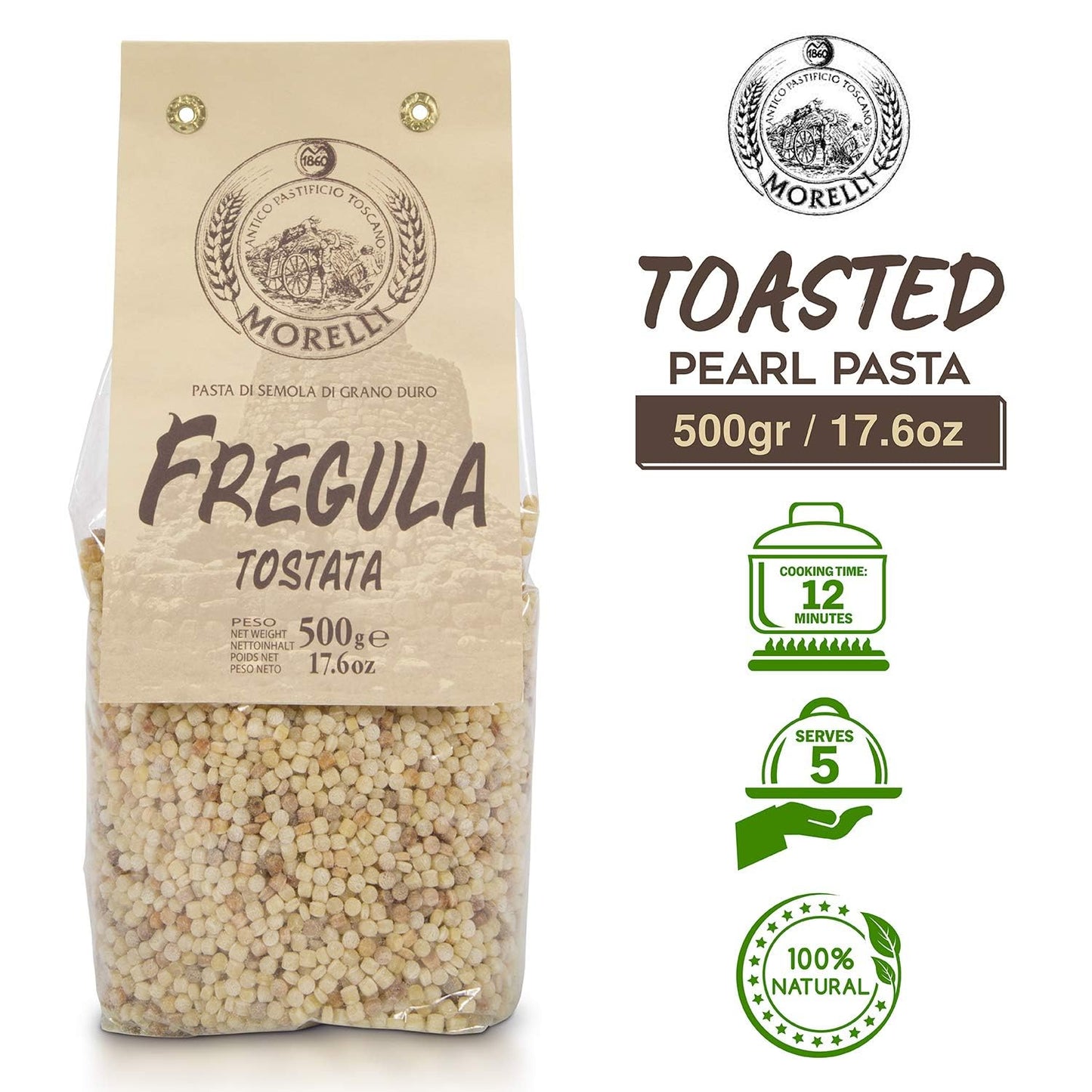 Morelli Pasta Toasted Fregola Sarda Pasta - Imported from Italy 17.6oz / 500g
