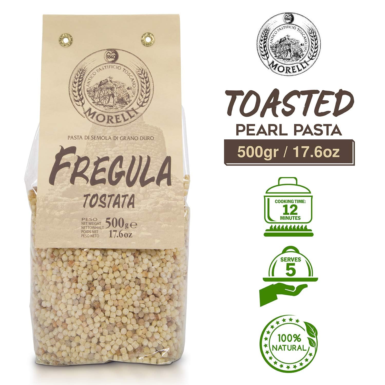 Morelli Pasta Toasted Fregola Sarda Pasta - Imported from Italy 17.6oz / 500g
