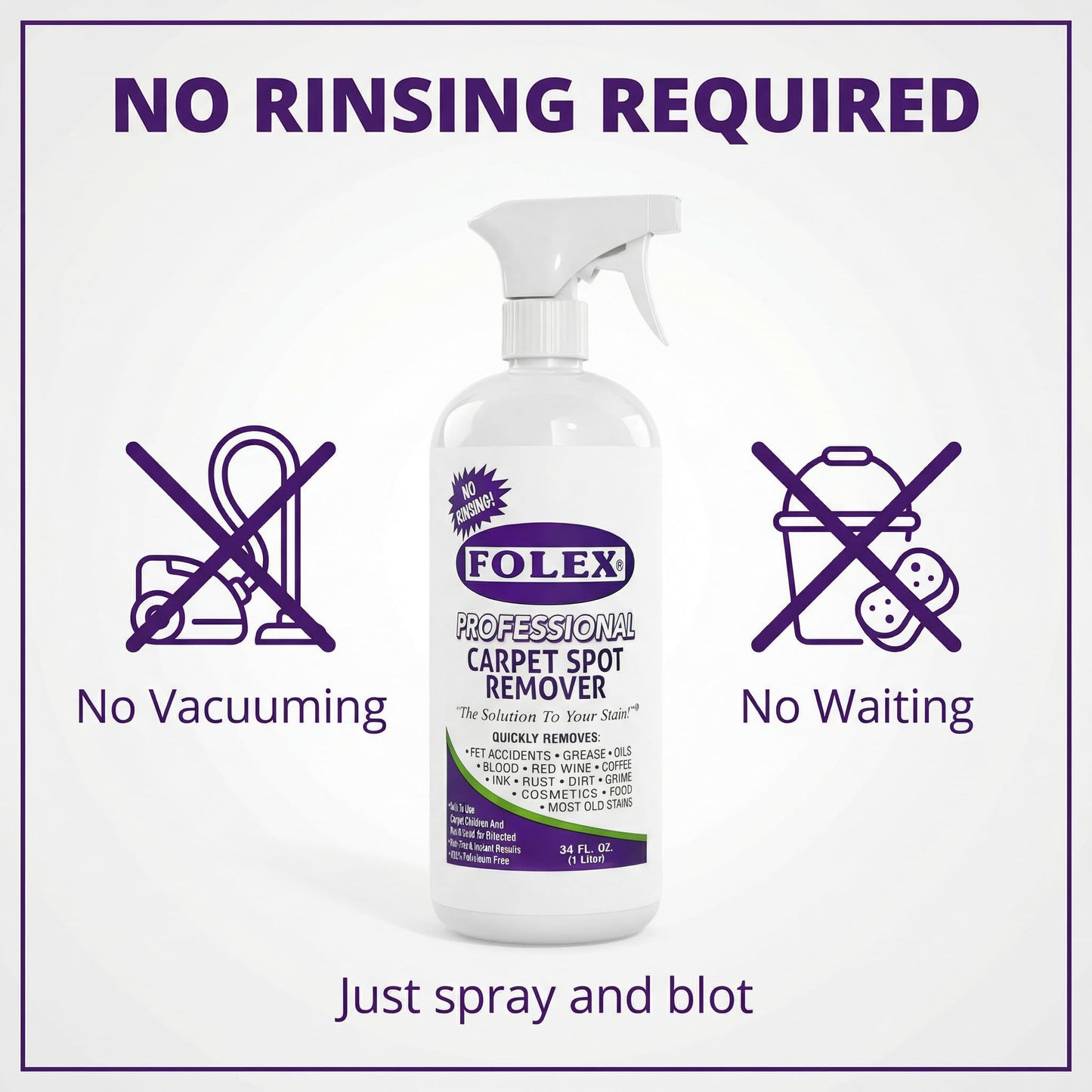 FOLEX - Professional Carpet Cleaner Spray 34 oz - Pet Stain Removal - Instant Stain Removal - No Rinsing Required - Safe for Pets - Works on All