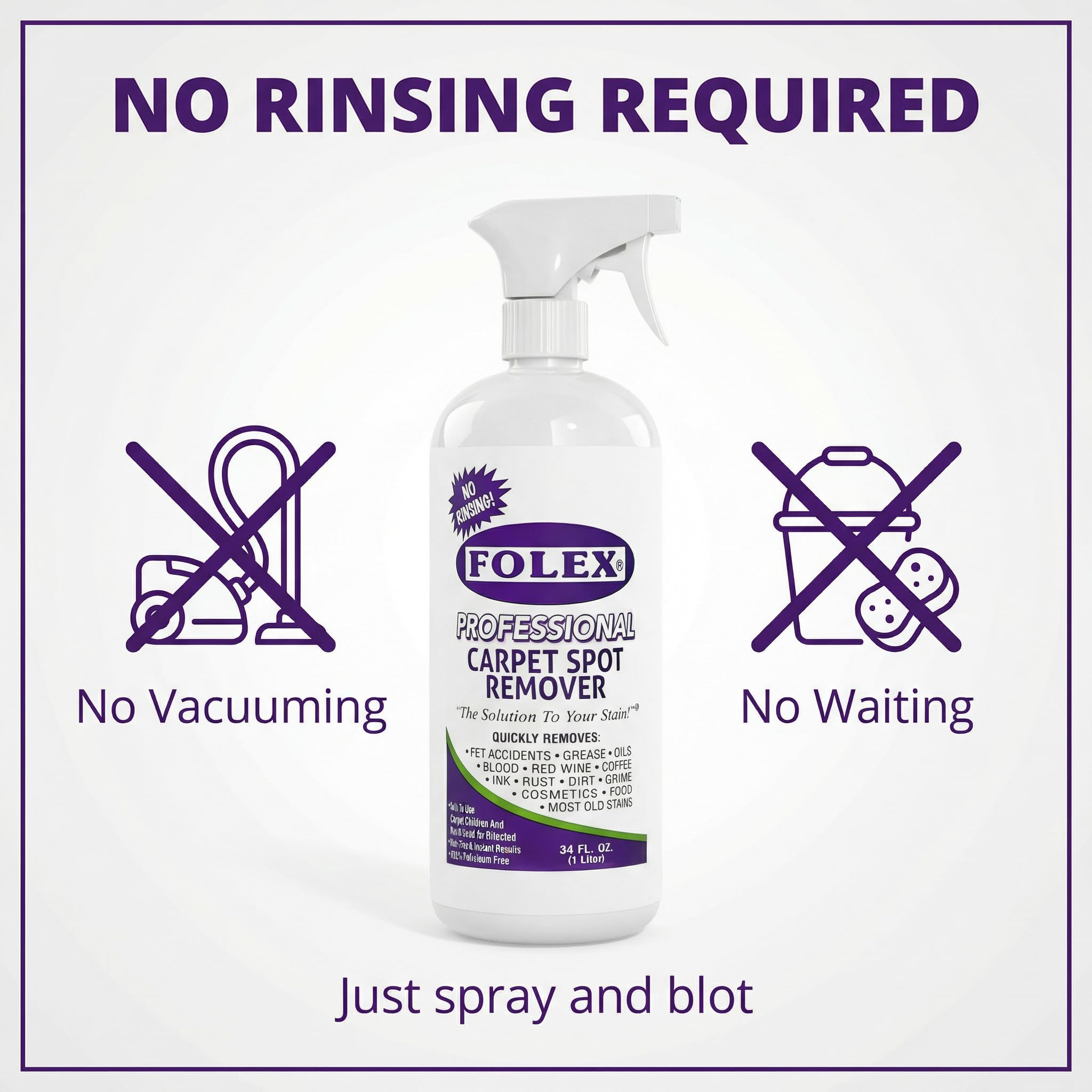 FOLEX - Professional Carpet Cleaner Spray 34 oz - Pet Stain Removal - Instant Stain Removal - No Rinsing Required - Safe for Pets - Works on All