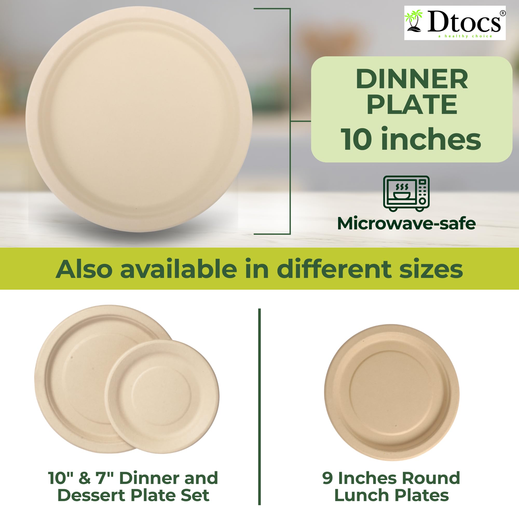 Dtocs Bamboo Disposable Plates 10 Inch (50 Pack) | Heavy Duty Microwavable Compostable Dinner Plate Set Alt to Plastic, Paper Plates 10 Inch | Ideal