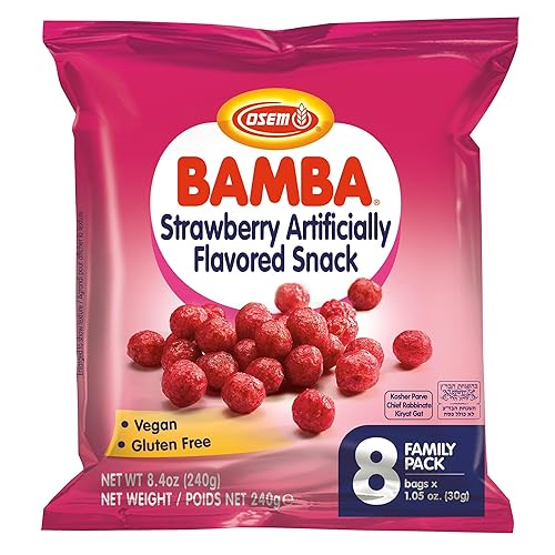Osem Bamba Strawberry Flavored Snack - All Natural Sweet Red Strawberry Bamba Corn Puffs, for Adults and Kids, Convenient Family Pack - 1.05oz Bag