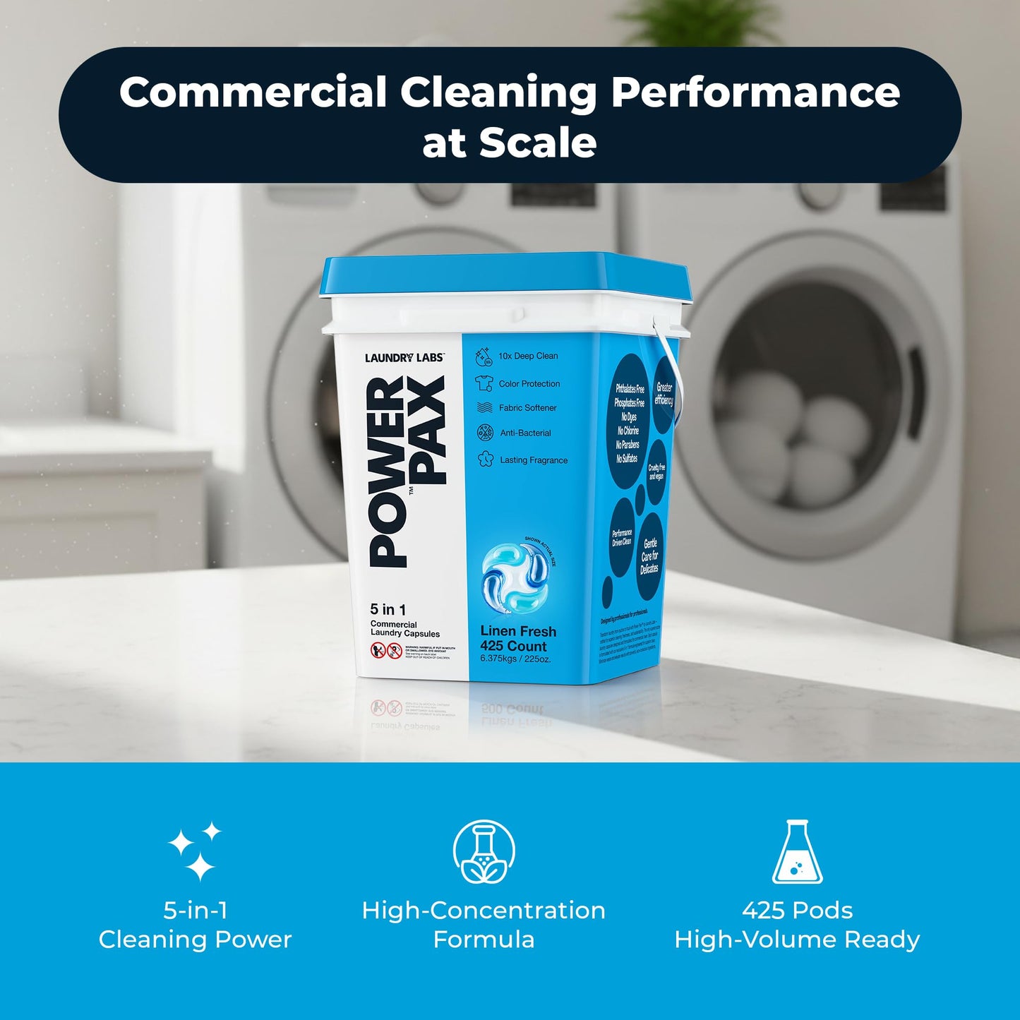 PowerPax 5-in-1 Laundry Detergent Pods - 425 Count, Washer Pods with Stain Remover, Odor Control, Fabric Softener & Color Care for Commercial Laundry