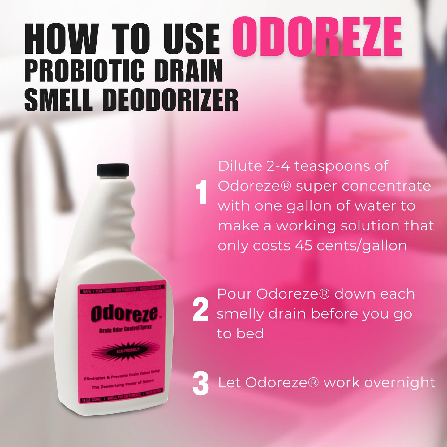 ODOREZE Natural Probiotic Drain Smell Deodorizer: 32 oz. Concentrate Makes 128 Gallons to Clean Drain Odor