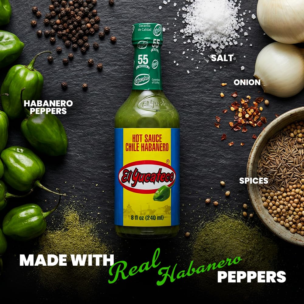 El Yucateco Green Habanero Hot Sauce, Authentic Mexican Chile Habanero Sauce, 8 fl oz (240 ml), Gluten Free (Pack of 1)