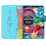Filled Happy Purim Shaloch Manos Tin with Drink, Hamantashen, Chocolate, Mints, Jelly Beans