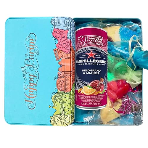 Filled Happy Purim Shaloch Manos Tin with Drink, Hamantashen, Chocolate, Mints, Jelly Beans
