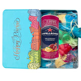 Filled Happy Purim Shaloch Manos Tin with Drink, Hamantashen, Chocolate, Mints, Jelly Beans