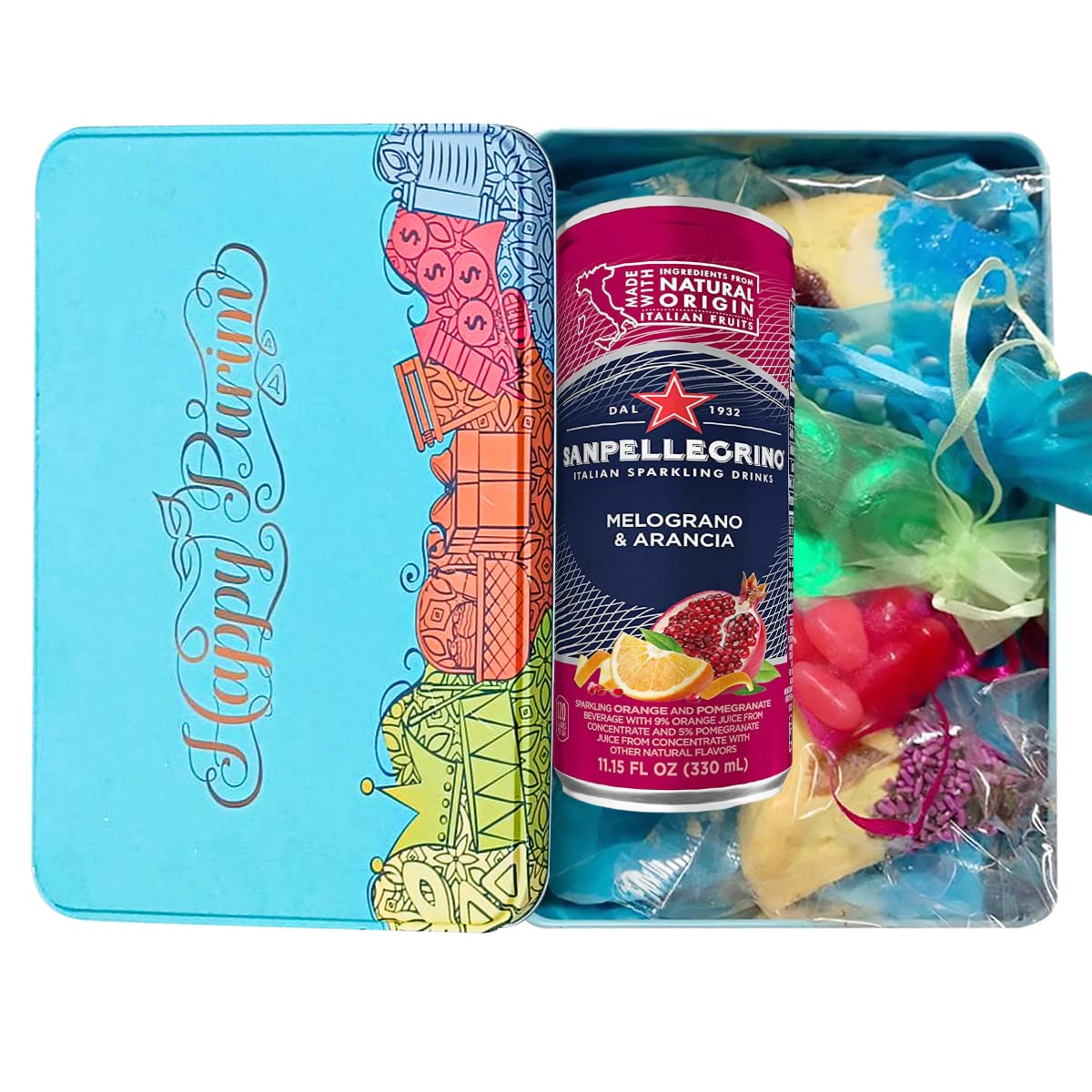 Filled Happy Purim Shaloch Manos Tin with Drink, Hamantashen, Chocolate, Mints, Jelly Beans