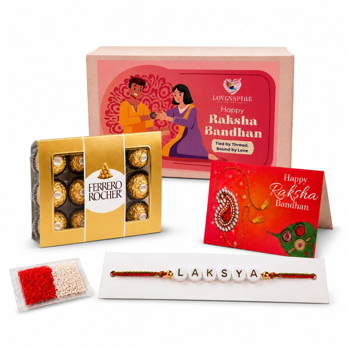 LoveNspire Personalized Name Bead Rakhi for Brother - Custom Bracelet Jewelry Gift with Greeting Card, Roli Chawal & Chocolates, Raksha Bandhan Gift