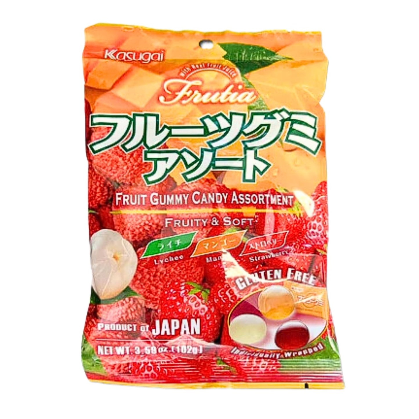 Kasugai Frutia Fruit Gummy Candy Assortment Fruity and Soft (4 Pack) Lychee, Mango, Strawberry and Grape, Strawberry, Muscat with 2 Gosutoys Stickers