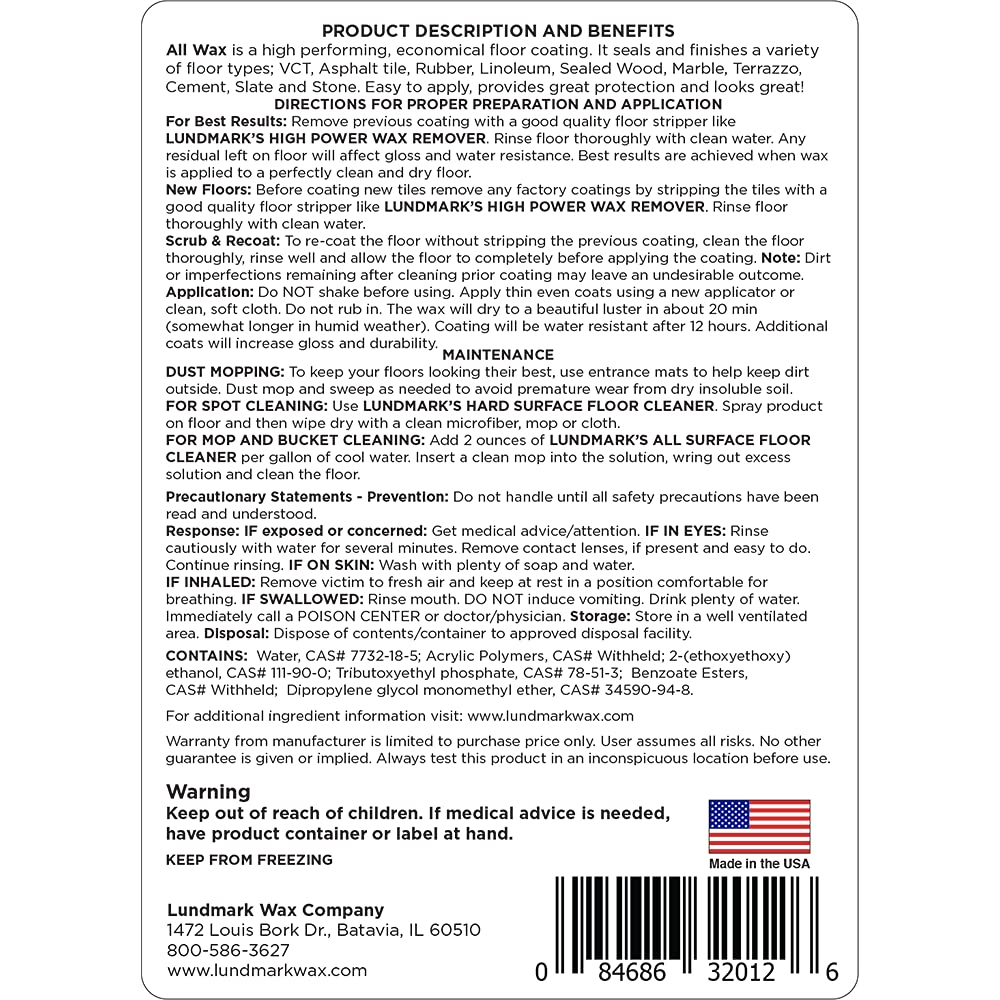 Lundmark All Wax, Self Polishing Floor Wax, 32-Ounce, 3201F32-6, (Model: LUN-3201F32-6)
