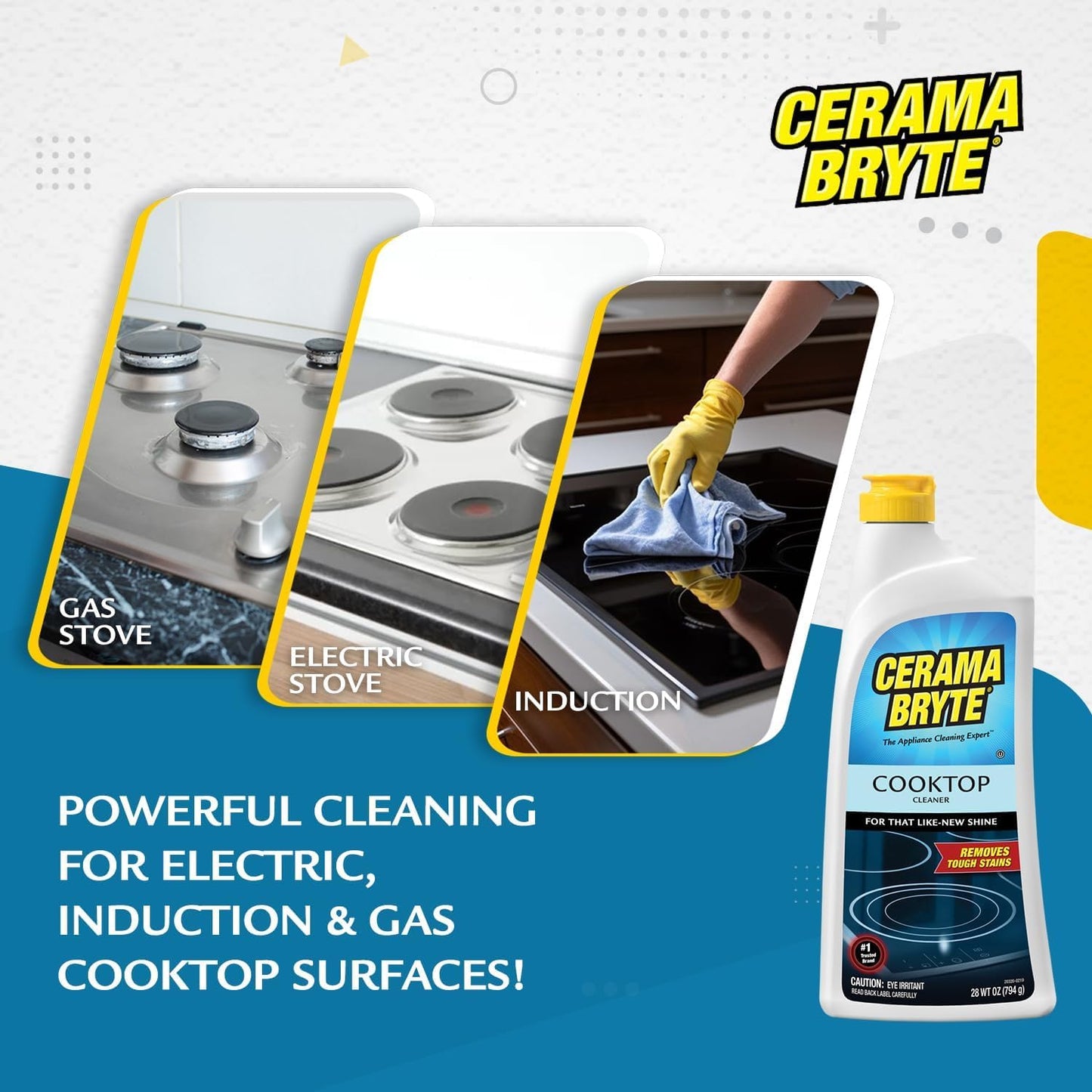 Cerama Bryte Complete Cooktop Cleaning Kit, 10 Cleaner Pads, 1 POW-R Grip Tool, 1 Scraper, and 1 Microfiber Cloth, 28 Fl Oz