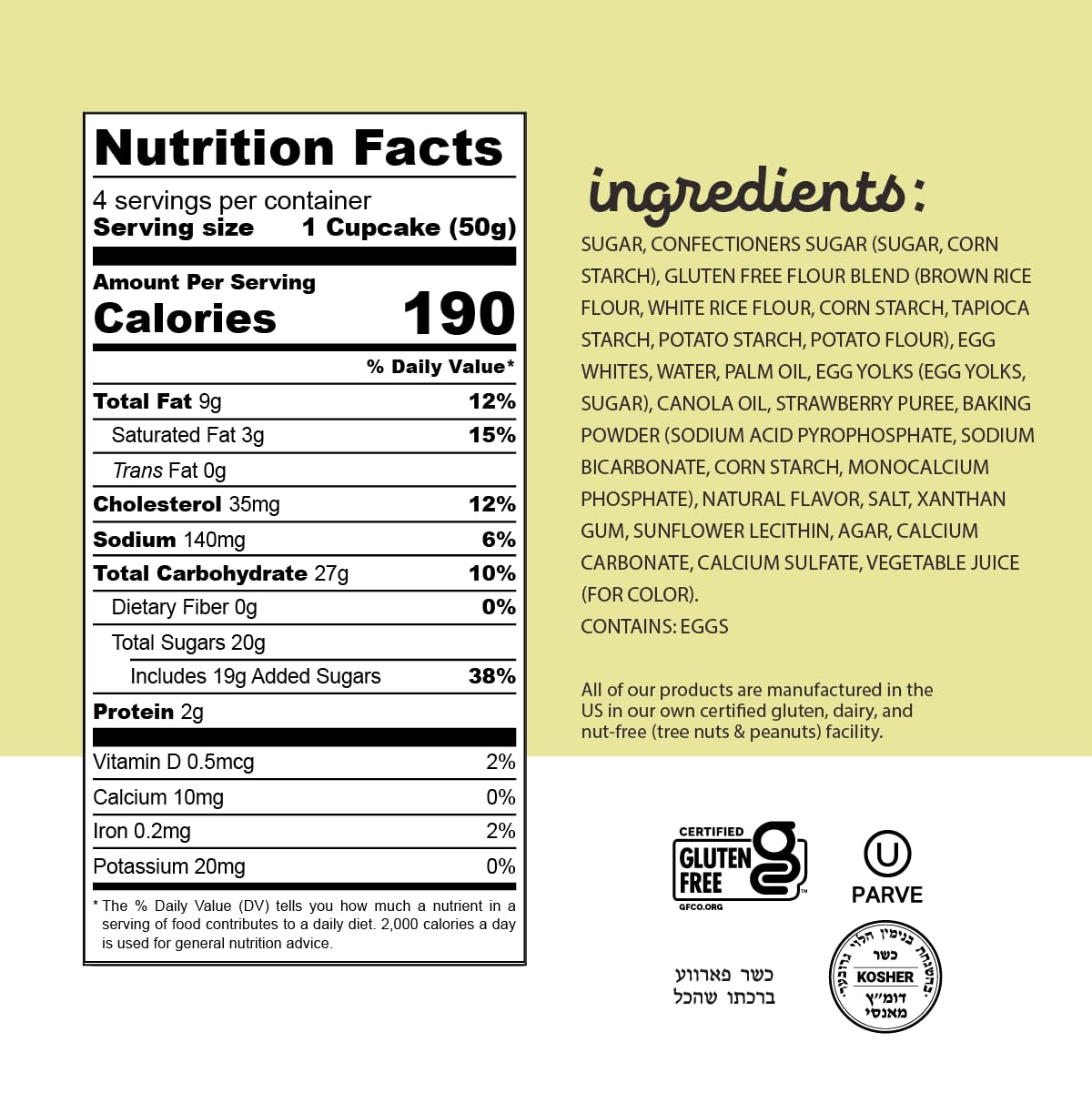 Katz Gluten Free Creme Filled Strawberry Cupcakes. Free of Dairy, Peanuts, Tree Nuts, and Sesame. Kosher, 7oz (1Pk)