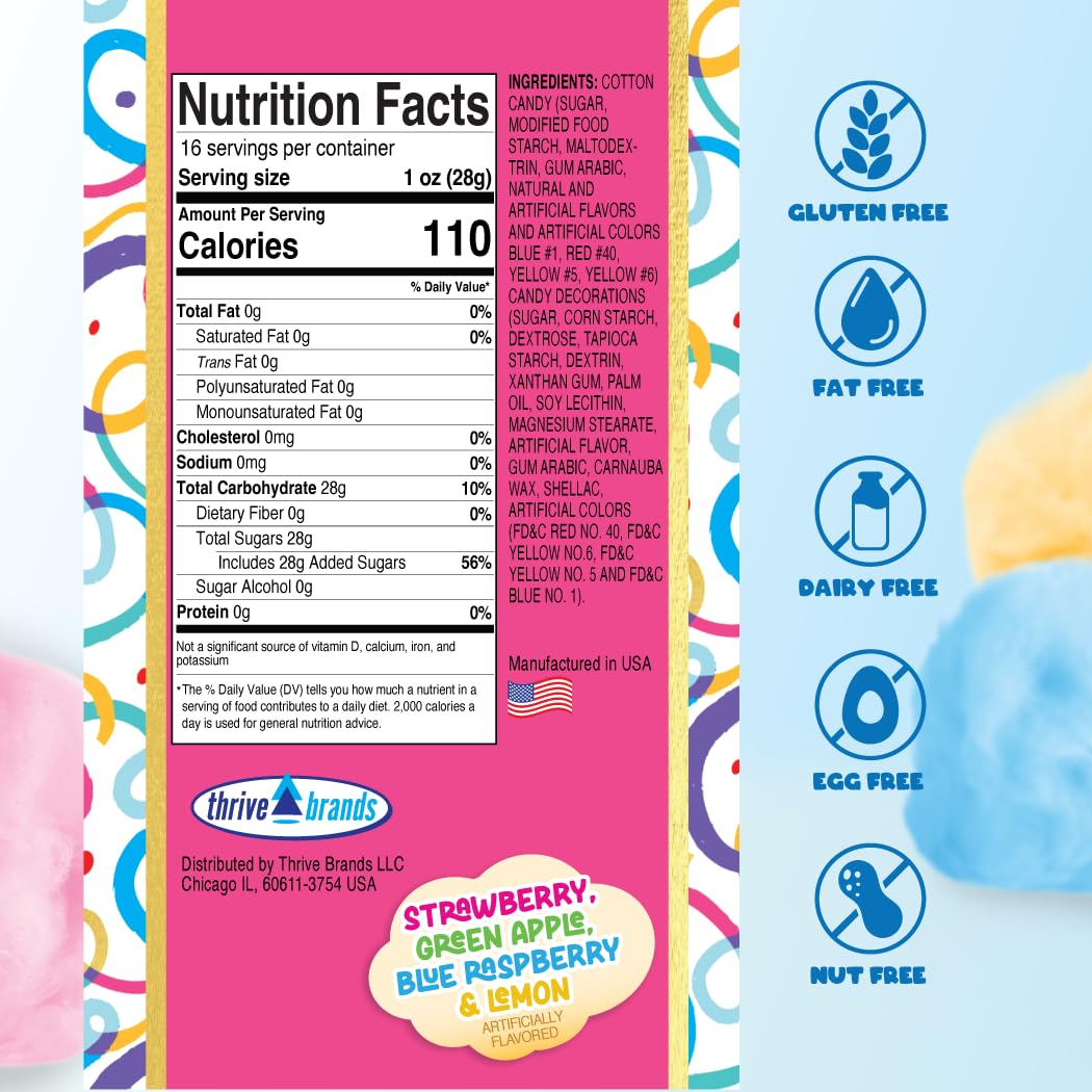 PartyPuffs Jumbo Cotton Candy Cake 13oz - Slices Like Real Cake - Strawberry Apple Blue Raspberry Lemon - Crunchy Candy Topping - Ready to Serve