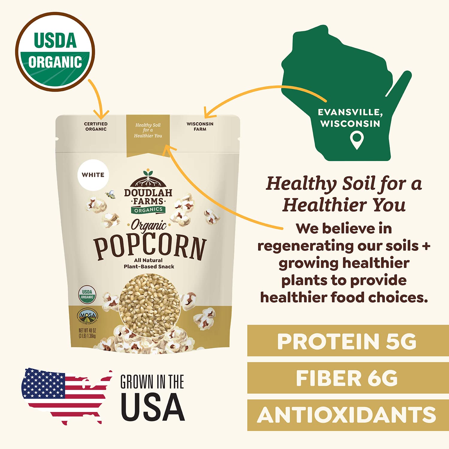 Organic White Popcorn Kernels Unpopped 3 lb - Healthy, Non-GMO, Gluten-Free, Unsalted, Pesticide-Free, Chemical-Free, Glyphosate-Free, Grown in