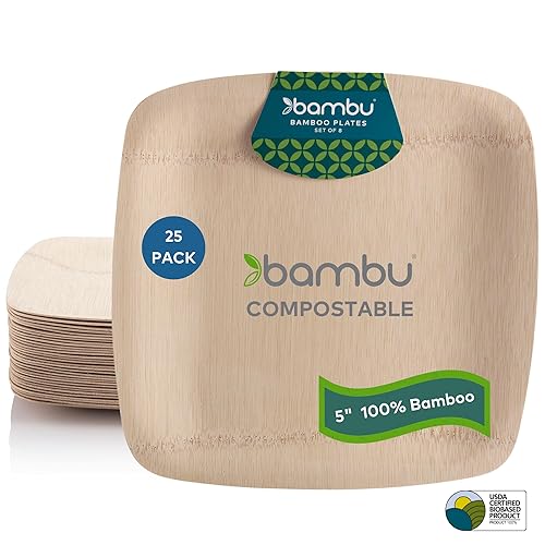 Bambu Pack of 25 - 5 Inch Disposable Bamboo Plates Square, Biodegradable Eco Friendly Products, Bamboo Disposable Appetizer Plates for Events