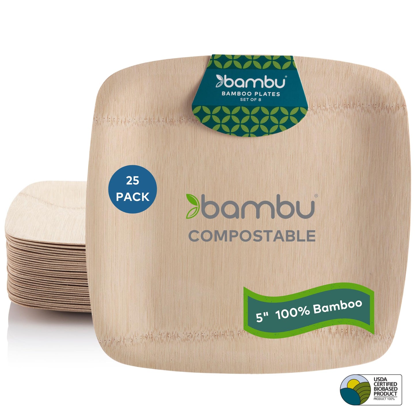 Bambu Pack of 25 - 5 Inch Disposable Bamboo Plates Square, Biodegradable Eco Friendly Products, Bamboo Disposable Appetizer Plates for Events