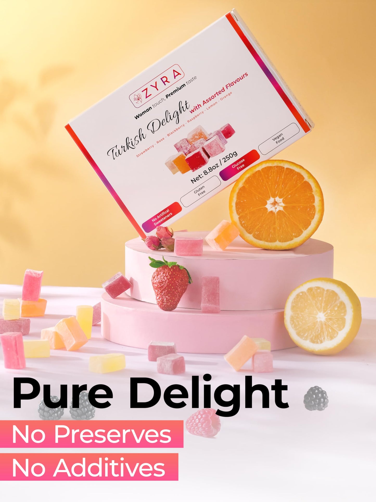 ZYRA Turkish Delight - 8.8oz - Woman Owned Brand - Luxury with Assorted Fruit - Rose, Strawberry, Raspberry, Blackberry, Lemon, Orange - Authentic