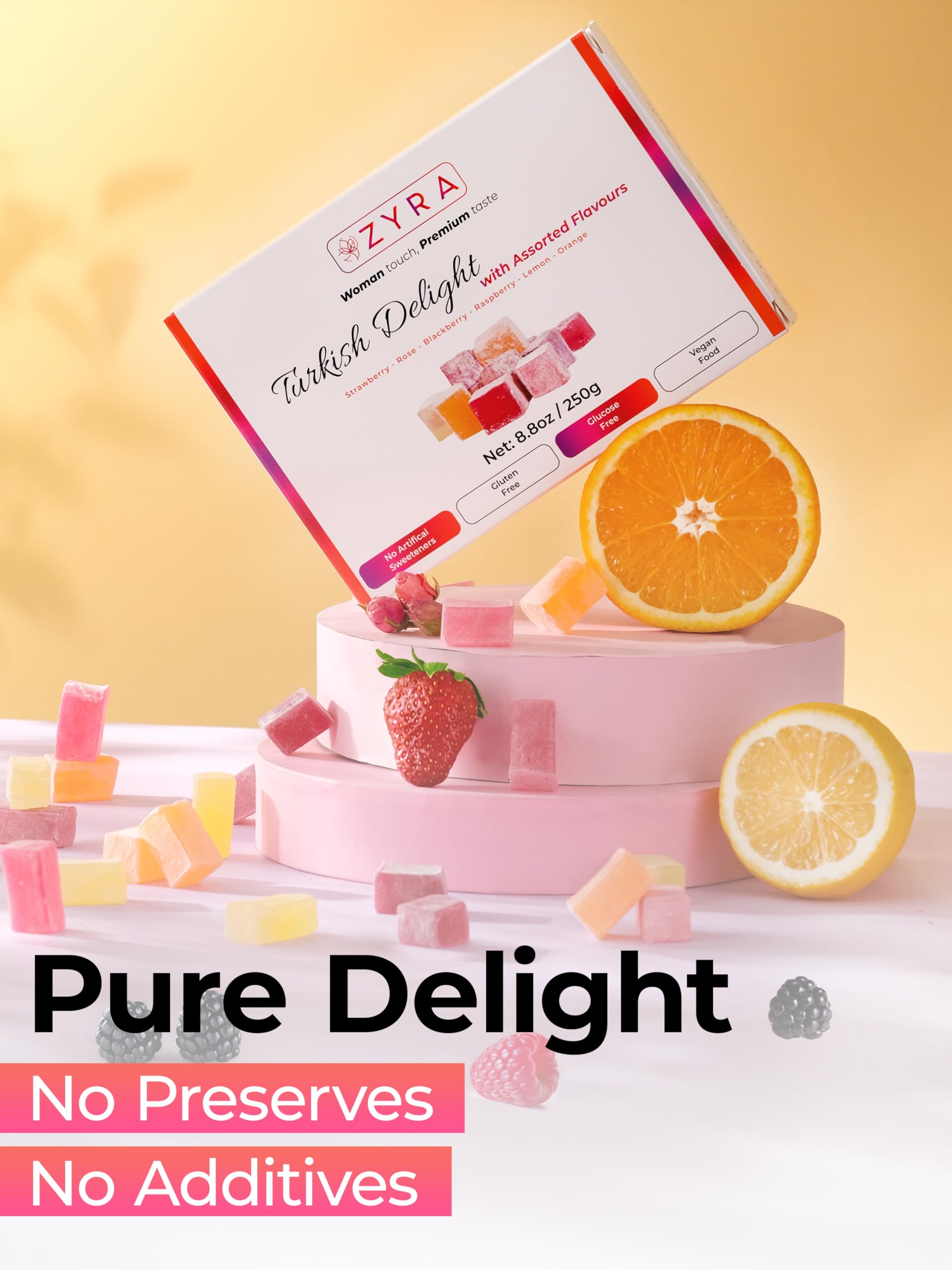 ZYRA Turkish Delight - 8.8oz - Woman Owned Brand - Luxury with Assorted Fruit - Rose, Strawberry, Raspberry, Blackberry, Lemon, Orange - Authentic