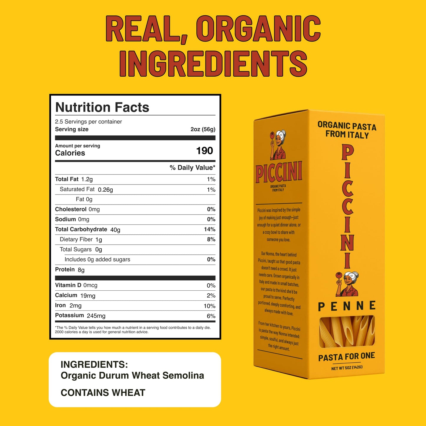 Piccini Organic Penne Pasta for One - High-Protein (20g per box) Single-Serve Italian Pasta Packs | 100% Organic Durum Wheat | Imported from Italy |