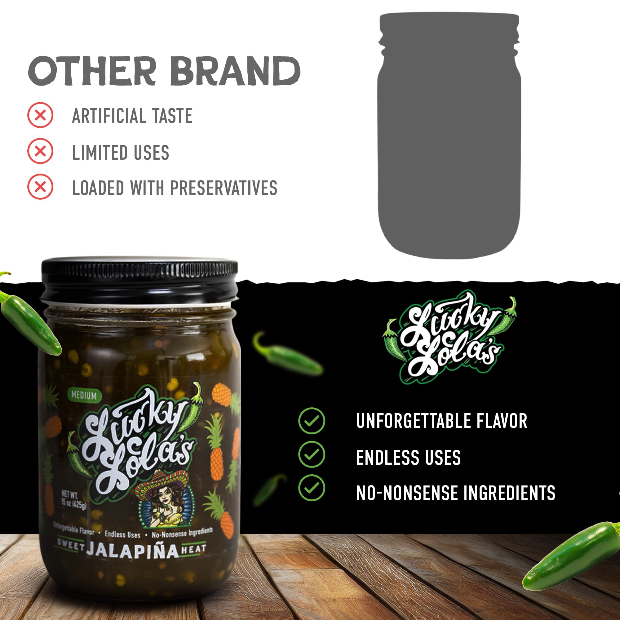Lucky Lola's Sweet Jalapiña Heat, Jarred Jalapenos, 0g Sodium, 0g Fat, Single Jar 15 oz