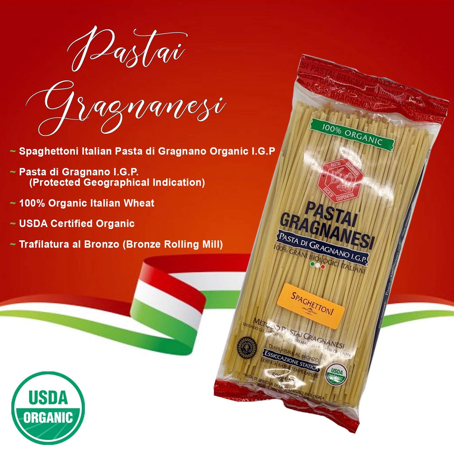 Spaghettoni Italian Pasta di Gragnano | I.G.P. Protected | USDA Certified Organic | 17.6 Ounce | 500 Gram | Pack of 6