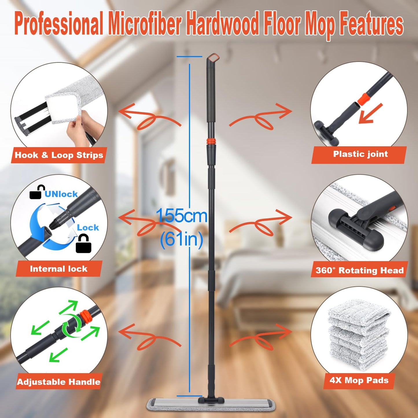 18 Professional Microfiber Mop Large Flat Mops for Floor Cleaning 4 Reusable Washable mop Pads Hardwood Cleaning System Wet and Dust Mop with 61in