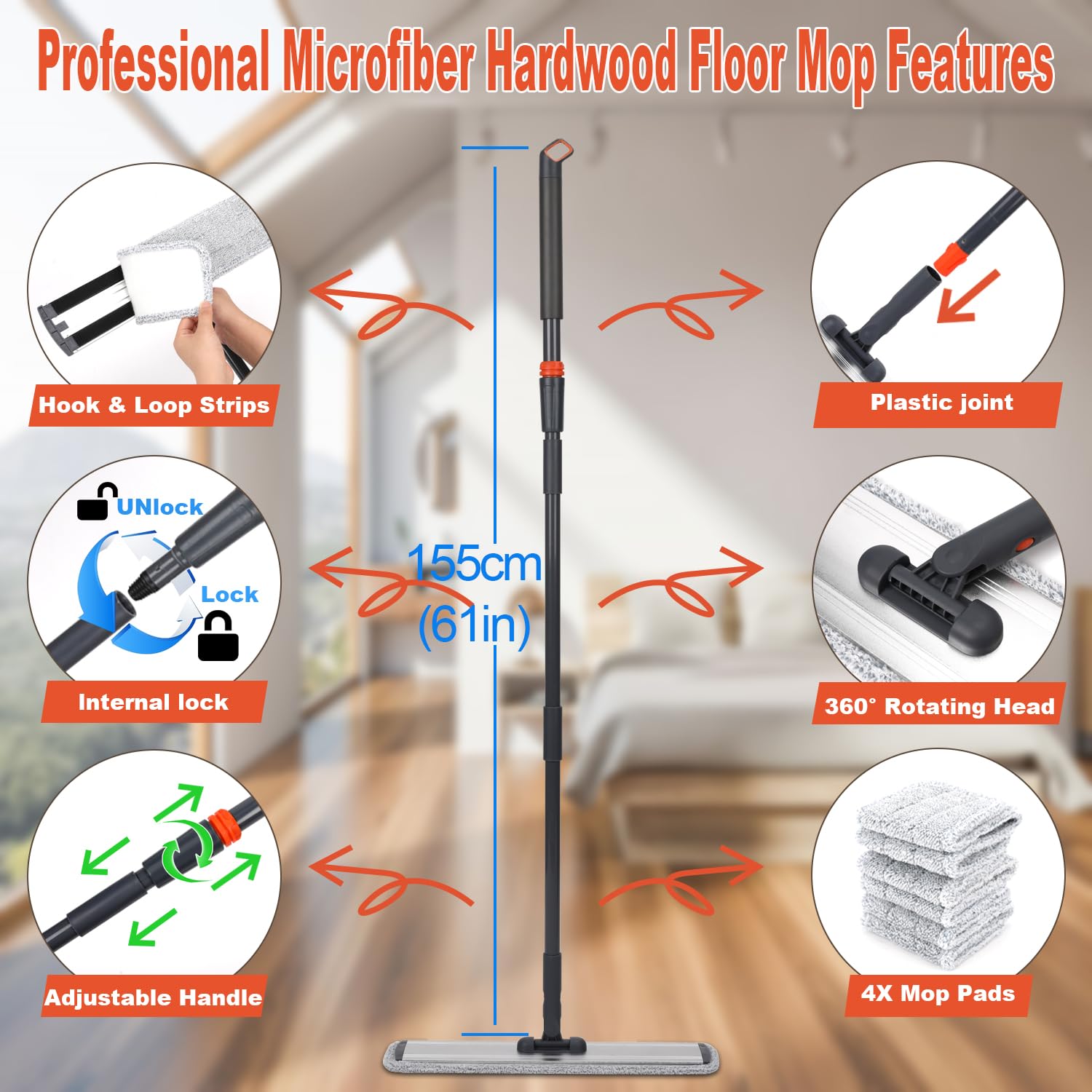 18 Professional Microfiber Mop Large Flat Mops for Floor Cleaning 4 Reusable Washable mop Pads Hardwood Cleaning System Wet and Dust Mop with 61in