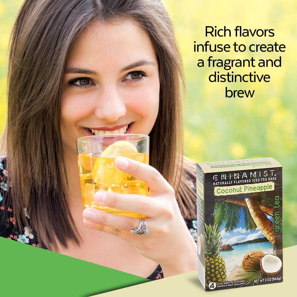 China Mist Iced Tea - Coconut Pineapple Green Tea Infusion - Refreshing and Delicious - Each Tea Bag Yields 1/2 Gallon - 4 bags.