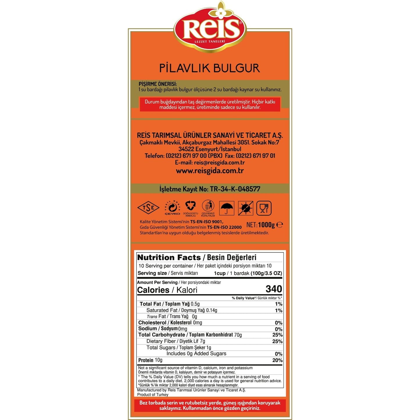 Reis Coarse Bulgur, Wheat Berries, Bulgur Wheat for Pilafs, Meals & Soups, Healthy Pantry Staples, Turkish Grocery Foods, High Fiber & Protein Cereal, Whole Grain Bag, Vegan, Halal, 2.2 Lbs (1000g)