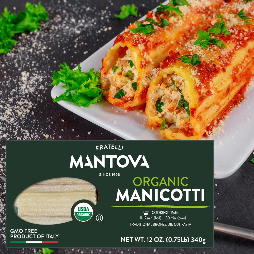 Mantova Organic Manicotti Pasta - Pack of 3, Product of Italy - Bronze cut, Large Tube Italian Pasta for Stuffed Manicotti, Baked Pasta Recipes