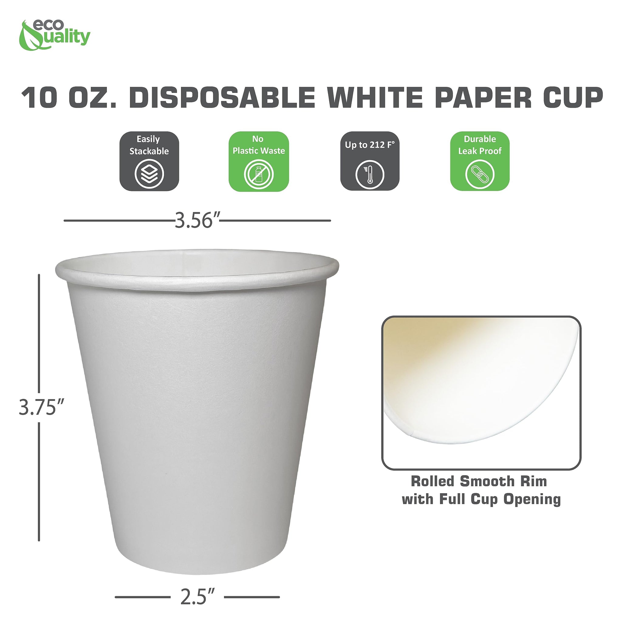 EcoQuality 2 Pack of 500 ct - White Hot Drink Paper Cups 10 oz Disposable Coffee Cups, Recyclable, Compostable, Great for Office, Breakrooms