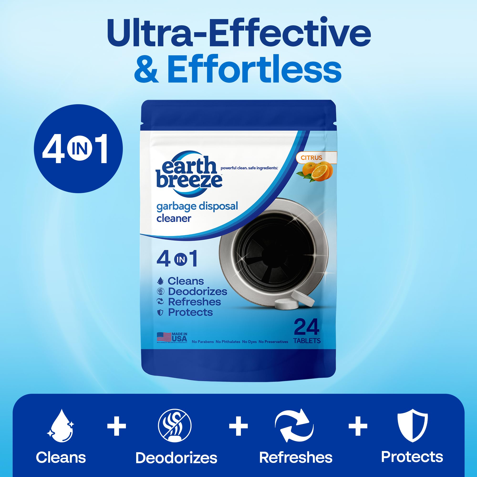 Earth Breeze Garbage Disposal Cleaner Tablets - 4-in-1 Citrus Scented Tablets that Clean, Deodorize, Refresh & Protect - Powerful Cleaning Action