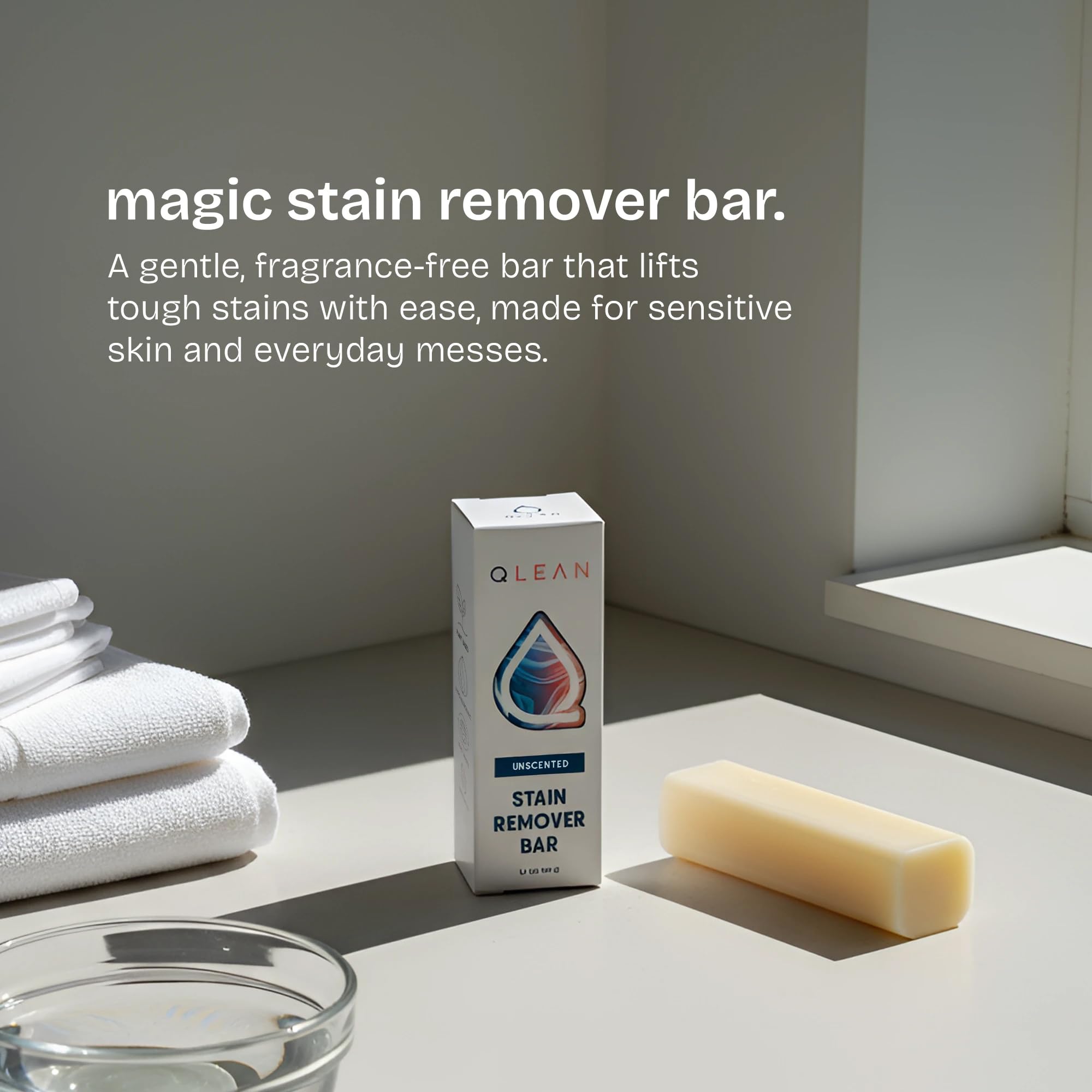 QLEAN Vegan Stain Remover Bar for Fabrics, Laundry Bar Soap for Clothes - Plant-Based, Travel-Friendly Stain Remover for Grease, Wine, Coffee, Grass