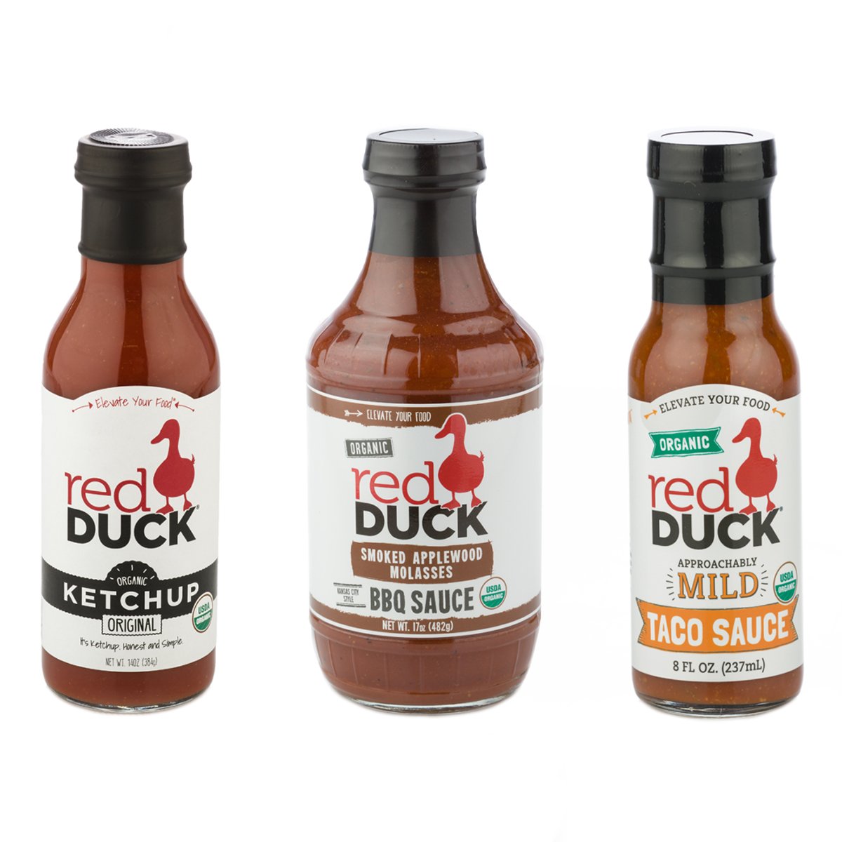 Red Duck Traditional 3-Sauce Sampler Set - Organic Original Ketchup, Smoked Applewood Molasses BBQ Sauce, and Approachably Mild Taco Sauce ("Quite