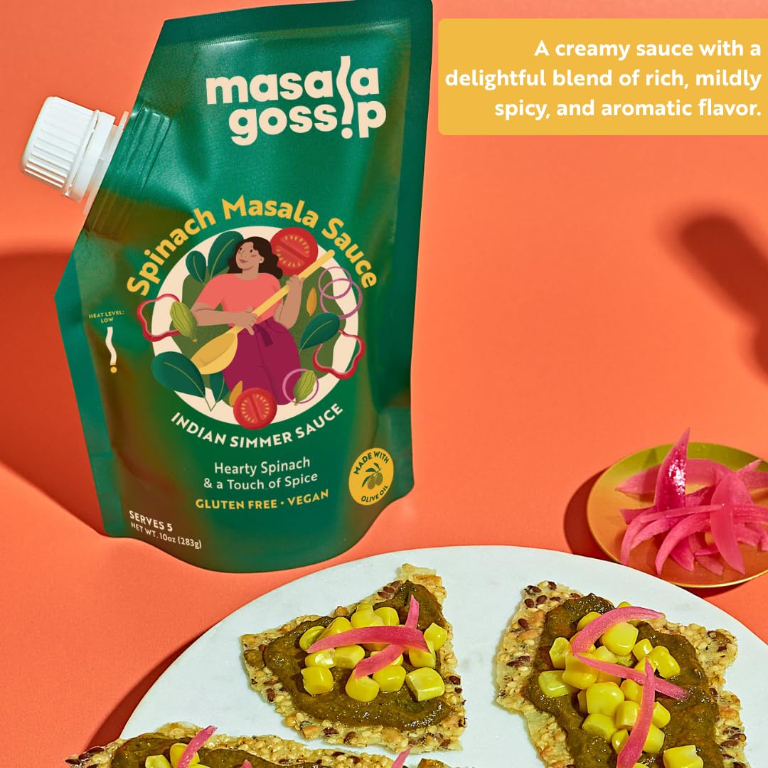 Masala Gossip Spinach Masala Simmer Sauce 10 oz - Authentic Indian Curry Sauce - Plant-Based, Gluten-Free, Seed Oil Free, No Artificial Preservatives