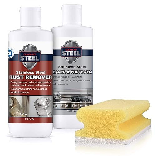 CLEAN MY STEEL Stainless Steel Rust Remover and Protector Kit, NSF Certified, 8.5 oz, Includes B570 Rust Remover, B580 Cleaner and Protector, Sponge