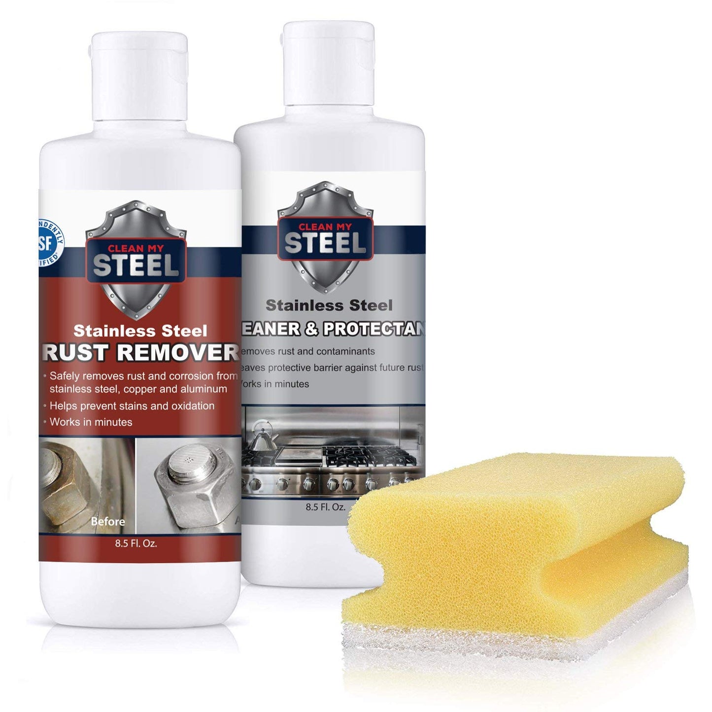 CLEAN MY STEEL Stainless Steel Rust Remover and Protector Kit, NSF Certified, 8.5 oz, Includes B570 Rust Remover, B580 Cleaner and Protector, Sponge