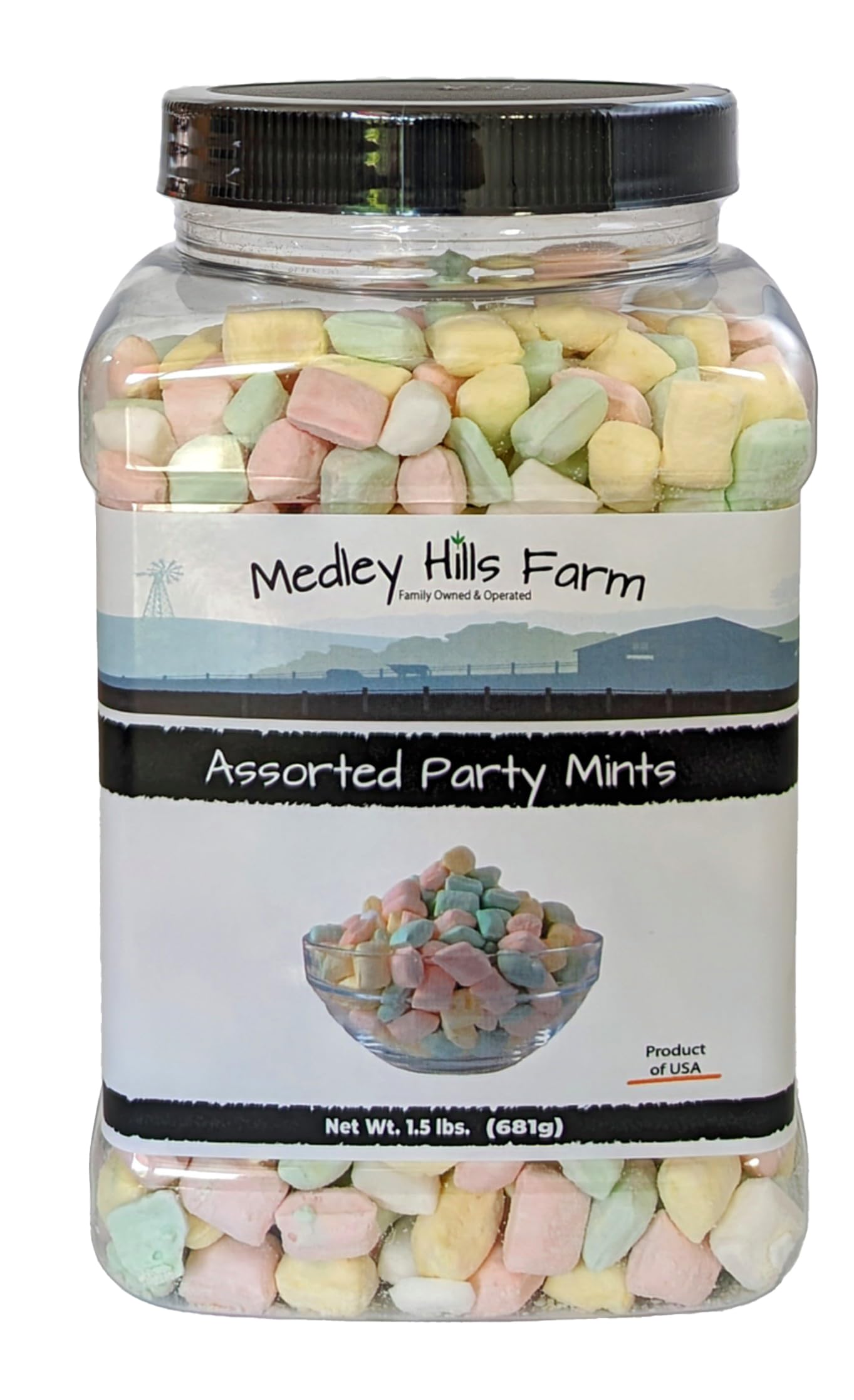 Assorted Party Mints By Medley Hills Farm in Reusable Container 1.5 lbs. - Great wedding mints for guests, baby shower or birthday party - Product